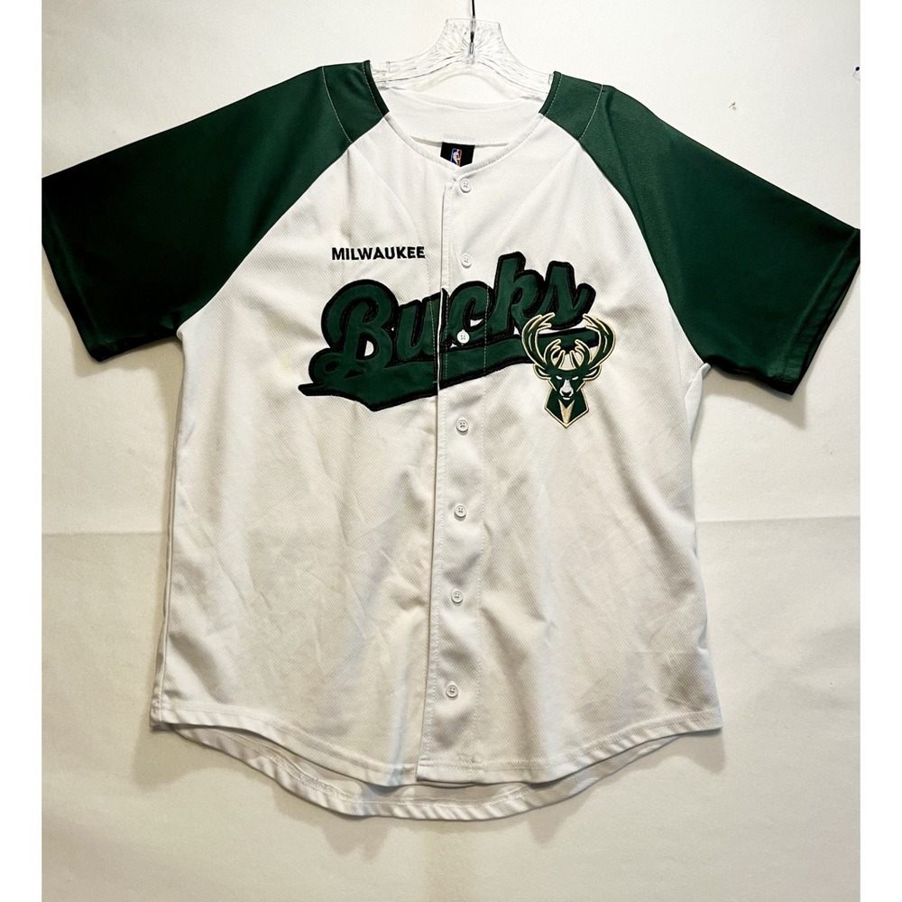 Milwaukee Bucks NBA Button Up Baseball Jersey White Green Size Large